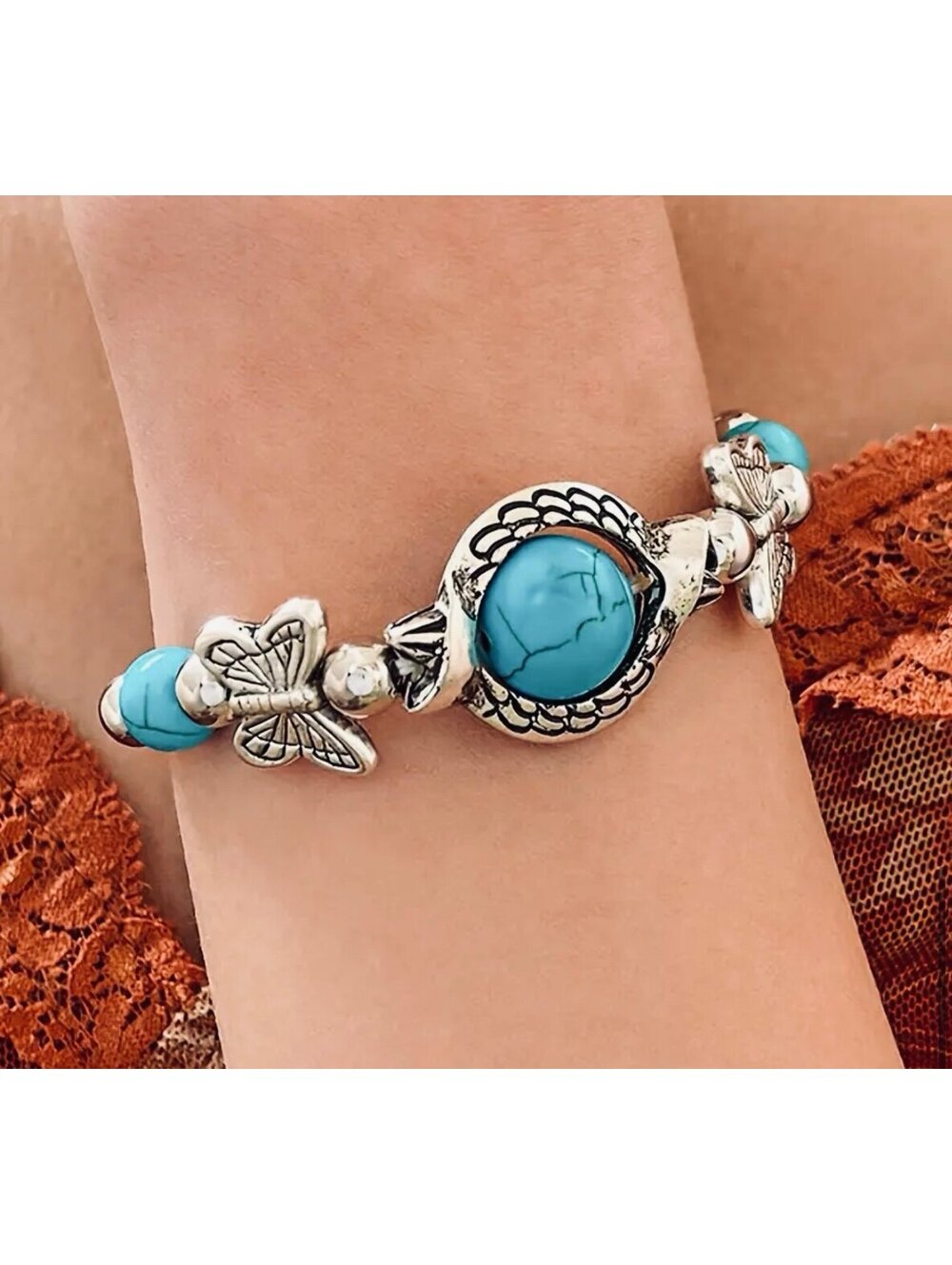 New - Silver -Turquoise Bangle with Engraved Butterfly - Gorgeous Design